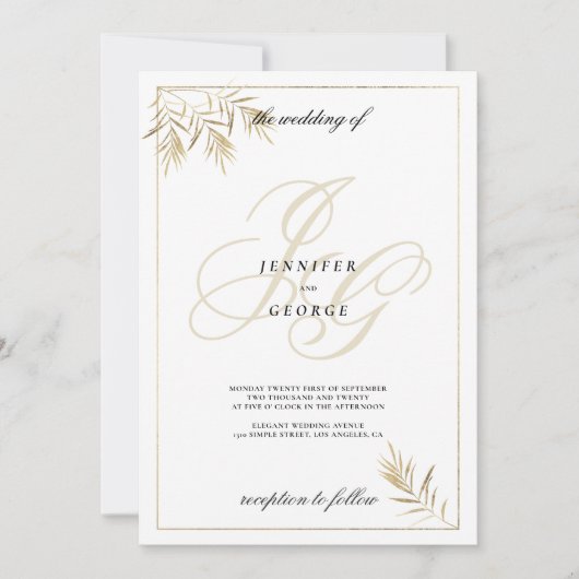 Witgouden monogram initialen loof bruiloft kaart (Voorkant)