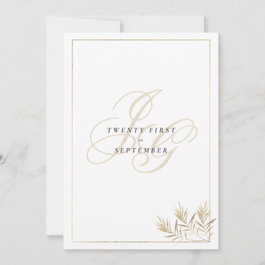 Witgouden monogram initialen loof bruiloft kaart (Achterkant)