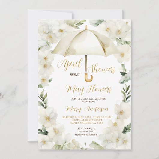 Witgouden paraplu april douches uitnodigen kaart (Voorkant)