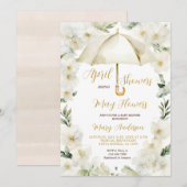 Witgouden paraplu april douches uitnodigen kaart (Voorkant / Achterkant)