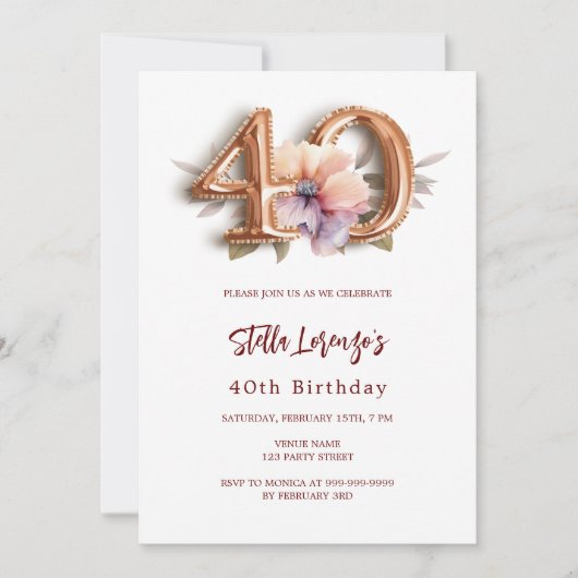 Witgouden perzik bloemig 40e verjaardag kaart (Voorkant)