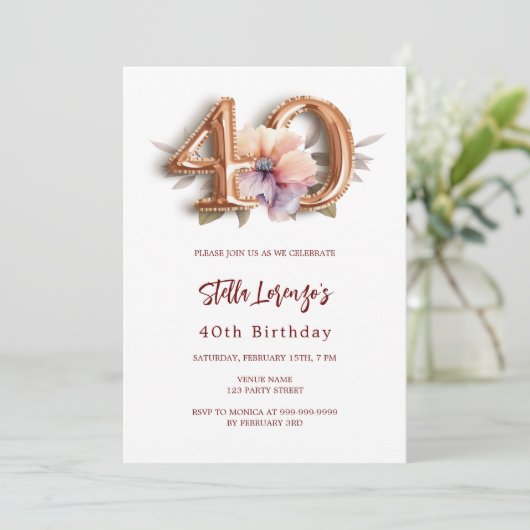 Witgouden perzik bloemig 40e verjaardag kaart (Staand voorkant)