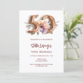 Witgouden perzik bloemig 50e verjaardag kaart (Staand voorkant)
