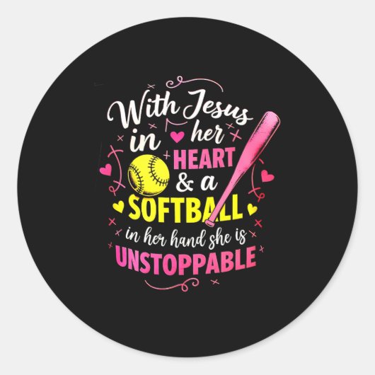 With Jesus In Her Heart And A Softball She Is Unst Ronde Sticker (Voorkant)