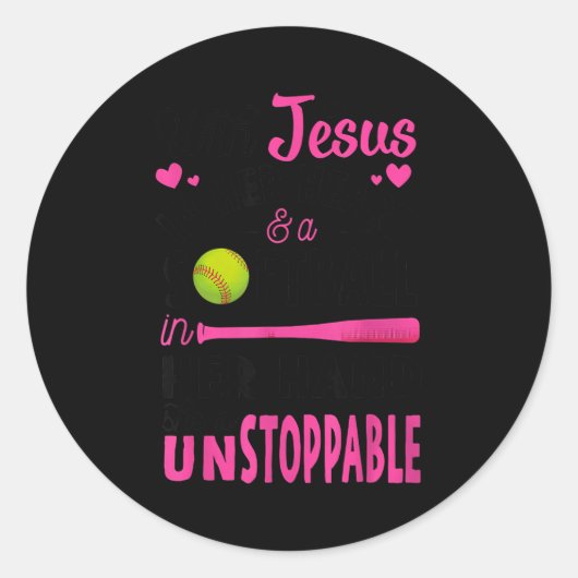 With Jesus In Her Heart And A Softball She Is Unst Ronde Sticker (Voorkant)