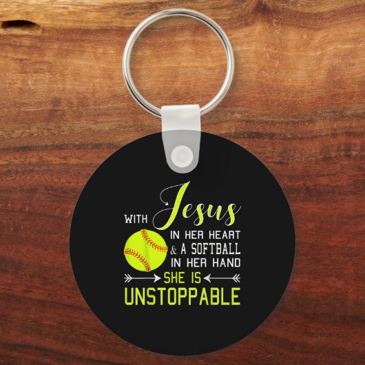 With Jesus In Her Heart And A Softball She Is Unst Sleutelhanger (Voorkant)