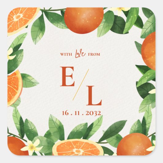 With Love From – Rustic Citrus Wedding Favor Vierkante Sticker (Voorkant)