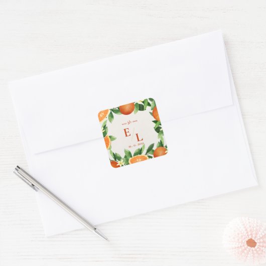 With Love From – Rustic Citrus Wedding Favor Vierkante Sticker (Envelop)