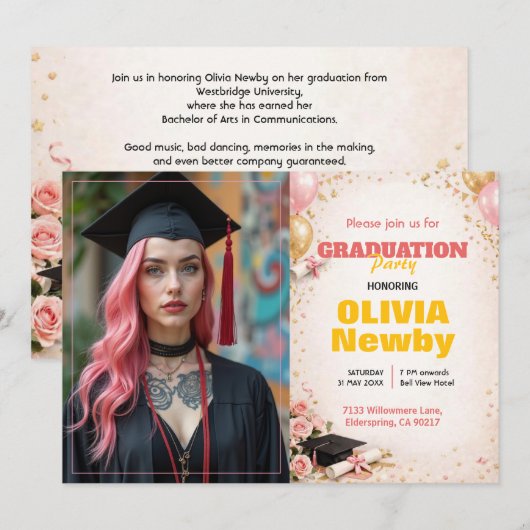 🎓With QR code Horizontal Pink & Gold Floral Kaart (Voorkant / Achterkant)