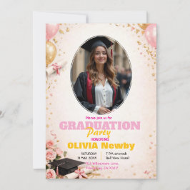 🎓With QR code Pink & Balloon Glow Graduation Kaart