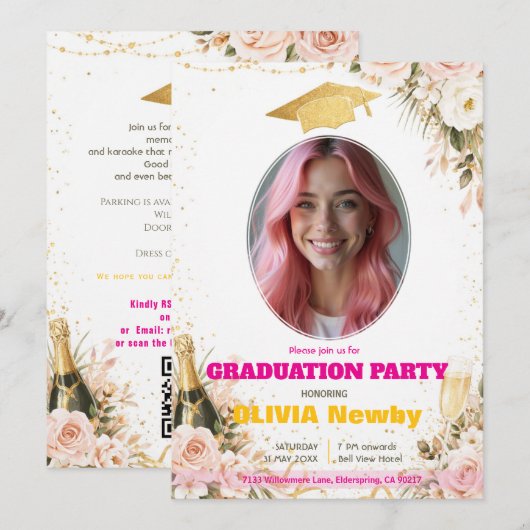 🎓With QR code Pink & Floral Celebration Grad Kaart (Voorkant / Achterkant)
