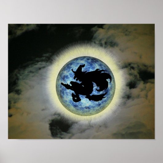 Witje op Broom Blue Full Moon Halloween Poster (Voorkant)