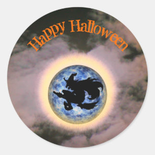 Witje op Broomstick Full Moon Halloween Ronde Sticker