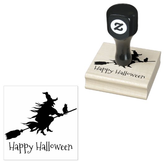 Witje op Broomstick Halloween Design Wooden Stamp Rubberstempel (Gestempeld)