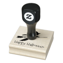 Witje op Broomstick Halloween Design Wooden Stamp Rubberstempel