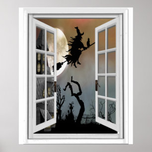 Witje op Broomstick Halloween Window Scene Poster