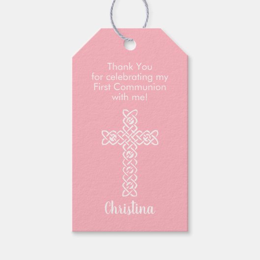 Witkruis | Roze communiqué baptisme Christening Cadeaulabel (Voorkant)