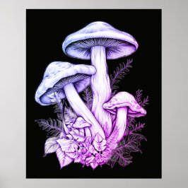 Witpaarse Paddenstoelen Zwarte Achtergrond Muur Poster