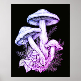 Witpaarse Paddenstoelen Zwarte Achtergrond Muur Poster
