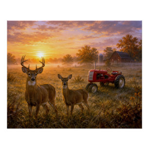 Witstaarthert en rode vintage tractor perfect poster