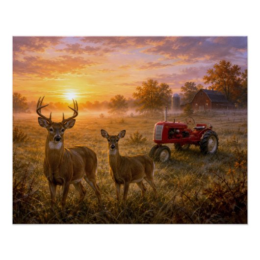 Witstaarthert en rode vintage tractor perfect poster (Voorkant)