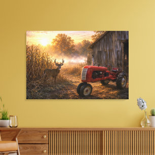 Witstaarthert en vintage tractor in ochtendmist canvas afdruk