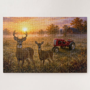 Witstaarthert met vintage rode landbouwtractor legpuzzel