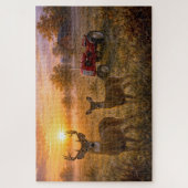 Witstaarthert met vintage rode landbouwtractor legpuzzel (Verticaal)