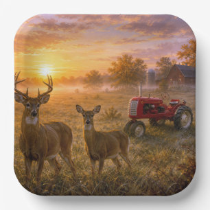 Witstaarthert met vintage rode landbouwtrekker papieren bordje