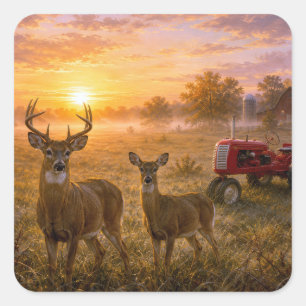 Witstaarthert met vintage rode landbouwtrekker vierkante sticker