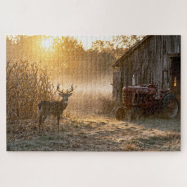 Witstaarthert met vintage rode tractor legpuzzel