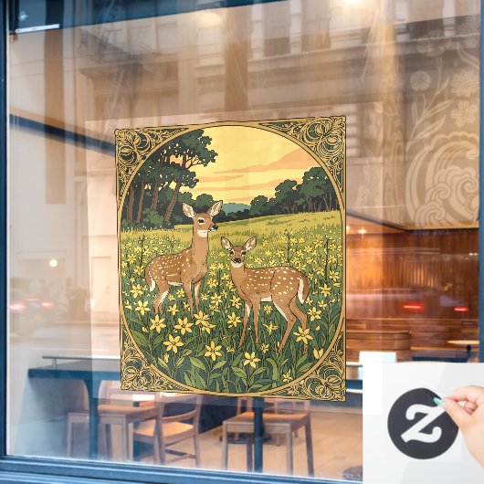 Witstaarthinde en Jong met Gele Bloemen Raamsticker (Cafe Raam)