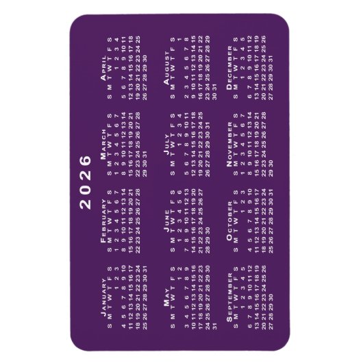 Witte 2026 Kalender op Paarse achtergrond Sjabloon Magneet (Verticaal)