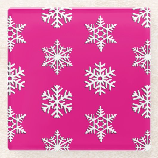 Witte 3-D sneeuwvlokken,  achtergrond Glazen Onderzetter (Voorkant)