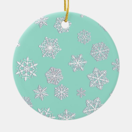 Witte 3-d sneeuwvlokken op een aquatische achtergr keramisch ornament (Voorkant)