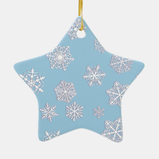 Witte 3-d sneeuwvlokken op een ijsblauwe achtergro keramisch ornament (Achterkant)