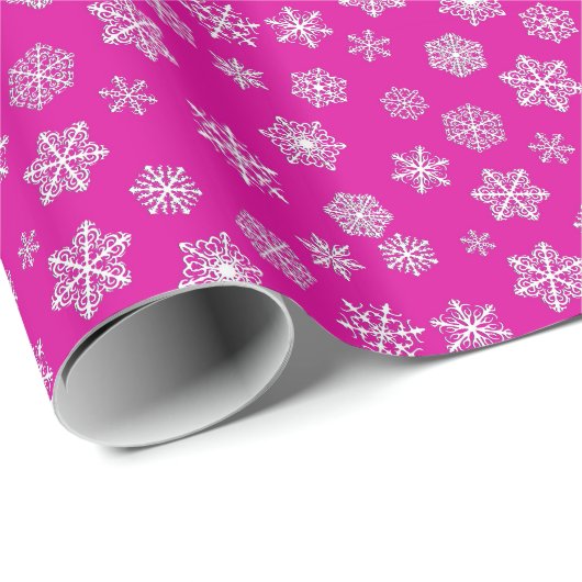 Witte 3-D sneeuwvlokken op een roze fuchsia-achter Cadeaupapier (Rol Hoek)