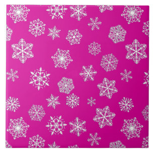 Witte 3-D sneeuwvlokken op een roze fuchsia-achter Tegeltje