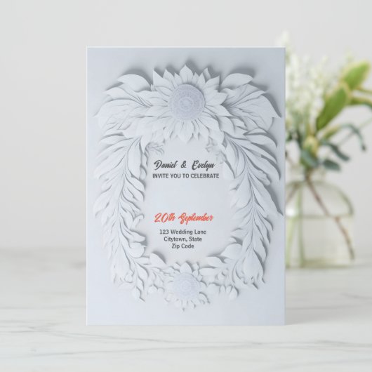 Witte 3d bloem thema lijst bruiloft kaart (Staand voorkant)