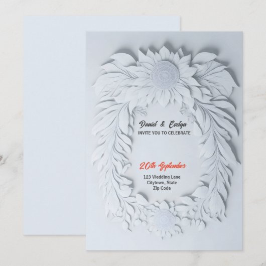 Witte 3d bloem thema lijst bruiloft kaart (Voorkant / Achterkant)