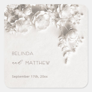 Witte 3D Bloemen Rozen Minimalistische Trouw  Vierkante Sticker