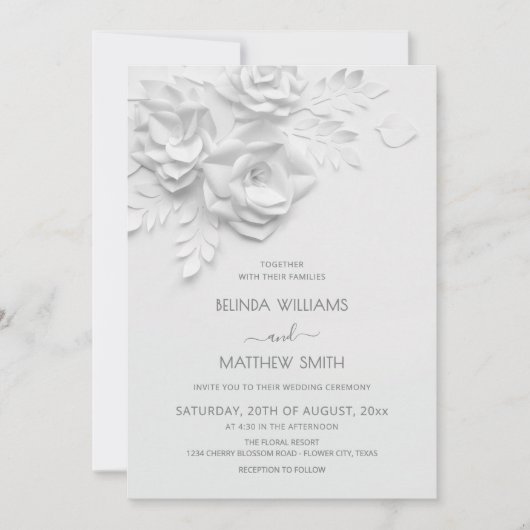 Witte 3D Bloemen Rozen Minimalistische Trouwdag Kaart (Voorkant)