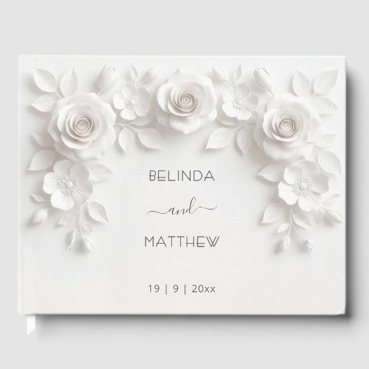 Witte 3D bloemrozen | Trouwen Gastenboek (Voorkant)