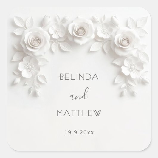 Witte 3D bloemrozen | Trouwen Vierkante Sticker (Voorkant)