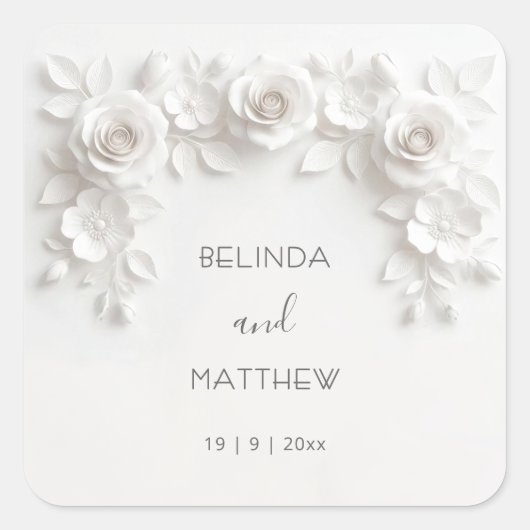 Witte 3D bloemrozen | Trouwen Vierkante Sticker (Voorkant)