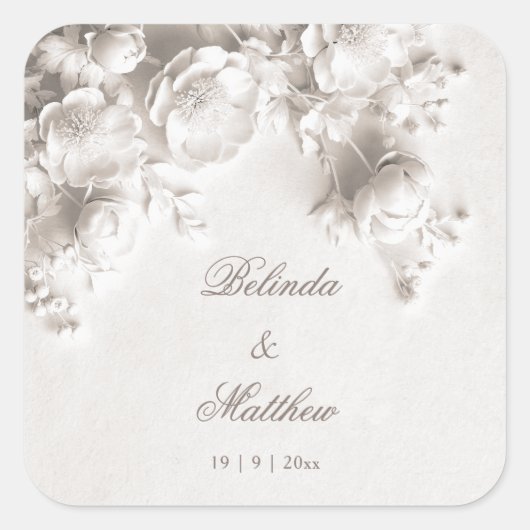 Witte 3D bloemrozen | Trouwen Vierkante Sticker (Voorkant)