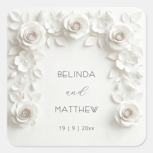 Witte 3D bloemrozen | Trouwen Vierkante Sticker (Voorkant)
