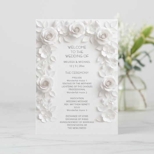 Witte 3D Rozen Bloemboog Programmakaart (Staand voorkant)