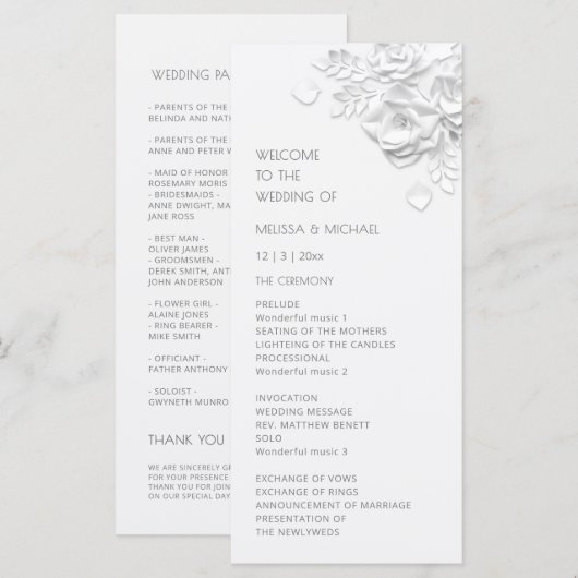 Witte 3D rozen bloemig Programmakaart (Voorkant / Achterkant)