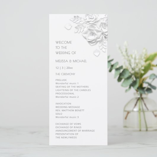 Witte 3D rozen bloemig Programmakaart (Staand voorkant)
